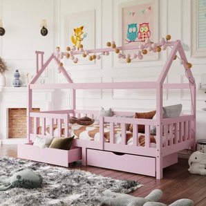 Kinderbett Hausbett mit Ausfallschutz und Lattenrost Einzelbett mit 2 Schubladen Liegefläche 90 x 200 cm aus Massivholz für Kinder und Jugendzimmer rosa