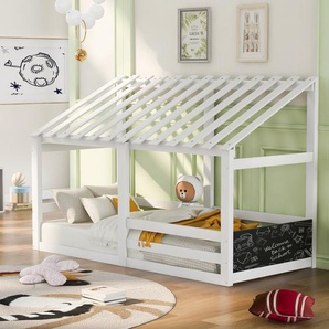 Kinderbett Hausbett Spielbett mit Dach und Ausfallschutz aus massivem Kieferholzbett mit Lattenrost Einzelbett 90 x 200 cm Weiß