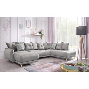 loftscape Wohnlandschaft Panica I Silbergrau Webstoff 312x90x195 cm mit Schlaffunktion und Bettkasten