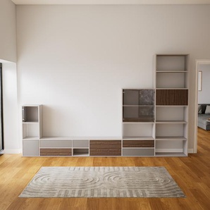 Aktenregal Nussbaum - Büroregal: Schubladen in Grau & Türen in Kristallglas klar - Hochwertige Materialien - 377 x 233 x 34 cm, konfigurierbar