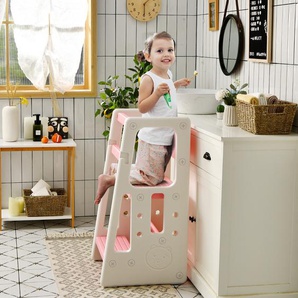 Kinder-Küchenhocker mit Doppelten Sicherheitshandläufen & 3 Verstellbaren Höhen & Rutschfesten Füßen Rosa