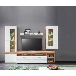 Xora Wohnwand Lyon , Weiß, Eiche , Kunststoff , 8 ( 5 Glasböden und 3 Einlegeböden) Fächer , 2 Schubladen , 280x192x51 cm , Beimöbel erhältlich, Beleuchtung , Wohnzimmer, Wohnwände, Anbauwände