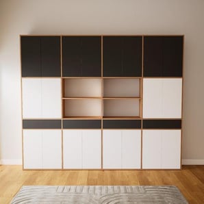 Schrankwand Weiß - Moderne Wohnwand: Schubladen in Graphitgrau & Türen in Weiß - Hochwertige Materialien - 300 x 252 x 34 cm, Konfigurator