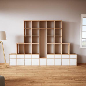 Holzregal Weiß - Modernes Regal: Schubladen in Weiß & Türen in Weiß - 349 x 233 x 34 cm, Personalisierbar
