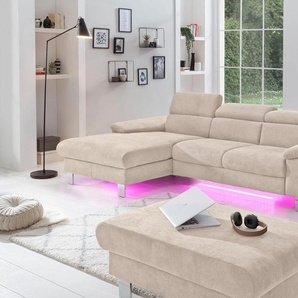 Ecksofa COTTA Komaris Sofas Gr. B/H/T: 242 cm x 90 cm x 100 cm, Microfaser PRIMABELLE, Recamiere links, ohne Bettfunktion-ohne Bettkasten-mit RGB-LED-Beleuchtung-mit Kopfteilverstellung, beige Ecksofas Sofas Kopf- bzw. Rückenverstellung, wahlweise mit