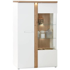 Vitrine , Weiß, Eiche , Metall , 6 Fächer , 98.5x164x43.2 cm , Beimöbel erhältlich, stehend, Beleuchtung , Wohnzimmer, Wohnwände, Vitrinenschränke
