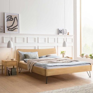 140x200 cm Bett Eiche hell aus Massivholz Vierfußgestell aus Metall