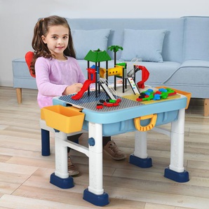 6 in 1 Bauklötzchen-Tisch Aktivitätstisch Set Bausteintisch Spieltisch Höheverstellbar Blau + Weiß + Gelb