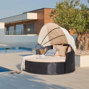 Ambia Garden Sonneninsel , Schwarz, Beige , Metall, Kunststoff, Textil , 4-teilig , Füllung: Komfortschaum , 180x80x35 cm , verstellbares Dach , Loungemöbel, Sonneninseln