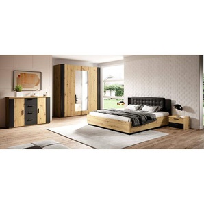 Schlafzimmer komplett Set inkl. Bett und Lattenrost, Liegefläche 160 x 200 cm SOLMS-83 in Artisan Eiche Nb. mit schwarz