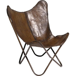 Kare-Design Sessel Butterfly , Braun , Metall, Leder , Echtleder , Rindleder , 80x107x76 cm , Wohnzimmer, Sessel, Polstersessel
