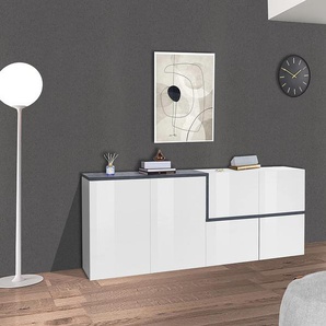 Dmora Modernes Sideboard mit 4 Türen, Made in Italy, Küchen-Sideboard, Wohnzimmer-Design-Buffet, 210x40h80 cm, Weiß glänzend und Schiefergrau