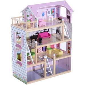 HOMCOM Puppenhaus aus Holz Puppenvilla für Kinder ab 3 Jahren Puppenstube Dollhouse 4 Etagen mit Möbel und Zubehör Spielzeug 60 x 30 x 80 cm