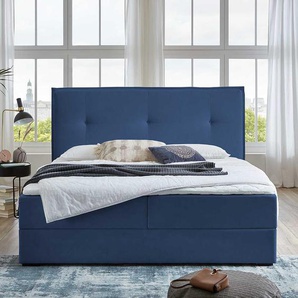 Gepolstertes Bett in Blau Webstoff Bettkasten