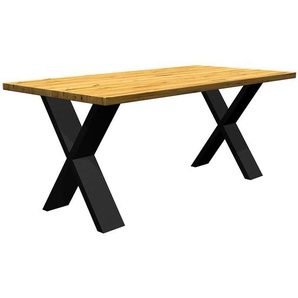Massiver Tisch aus Eiche und Metall X Gestell in Schwarz