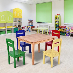 5 tlg. Kindersitzgruppe Kindertischgruppe Kindertisch mit 4 Stühlen Kiefer Farbig und Natur