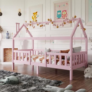 Kinderbett Hausbett mit Rausfallschutz und Lattenrost Einzelbett Liegefläche 90 x 200 cm aus Massivholz für Kinder und Jugendzimmer Pink