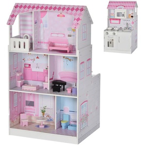 HOMCOM Kinder Puppenhaus und Kinderküche aus Holz  2-in-1 Spielküche Dollhouse 3 Etagen mit Möbel und Zubehör 3 Jahre+ Rosa Kiefer MDF 60 x 48 x 106 cm