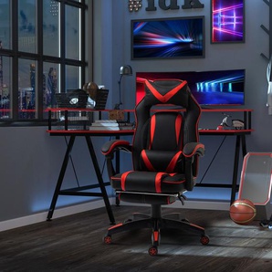 Vinsetto Gaming-Stuhl Bürostuhl Drehstuhl Chefsessel mit Fußstütze Rückenlehne Kissen verstellbar Kunstleder Rot+Schwarz 65x64x114-123,5 cm