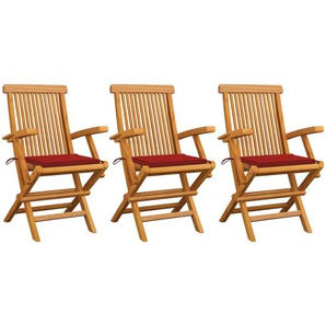 Gartenstühle mit Roten Kissen 3 Stk. Massivholz Teak