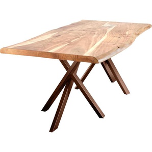 Esstisch SIT Tables Tische Gr. B: 220 cm, Tischplatte 5,6 cm, beige (natur) Holz-Esstische Rechteckige Esstische rechteckig Tisch mit Baumkante und extravagantem Gestell aus Metall, Vintage