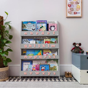 Aufbewahrung im Kinderzimmer, Bücherregal Alphabet mit Buchstaben in rose, für ca. 85 Bücher, in hellgrau, aus Holz, von Tidy Books
