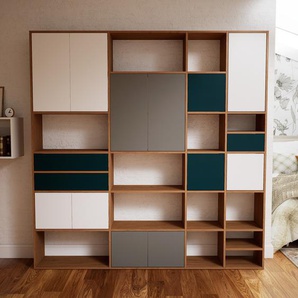 Regalsystem Weiß - Regalsystem: Schubladen in Blaugrün & Türen in Weiß - Hochwertige Materialien - 228 x 233 x 34 cm, konfigurierbar