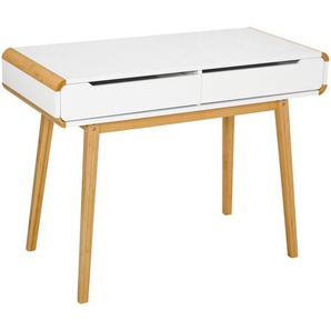 HOMCOM Schreibtisch Computertisch Bürotisch mit 2 Schubladen natürliches Design MDF Bambus Weiß+Natur 100 x 45 x 73 cm
