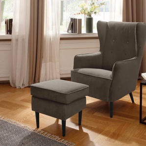 Sessel HOME AFFAIRE Niebüll Gr. Samtvelours, B/H/T: 76 cm x 108 cm x 91 cm, grau (taupe) Ohrensessel ohne Hocker Sessel mit Holzfüßen