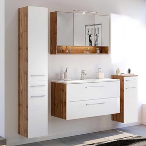 Design Möbel Set für Badezimmer Weiß und Wildeiche Optik (vierteilig)