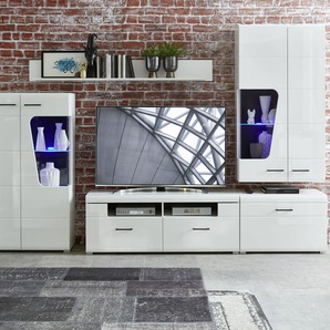 Wohnwand Wohnzimmer-Set 1 FUNNY PLUS Vitrine Wandboard TV weiß glanz LED Licht