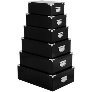 Set von sechs rechteckigen Aufbewahrungsboxen Organizer Metallbeschläge Tragegriffe schwarz