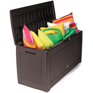 Kunststoff Auflagenbox Kissenbox Gartenbox mit Rollen Rattan-Optik für Polsterauflagen Kunststoff wasserdicht  Mokka 310Liter