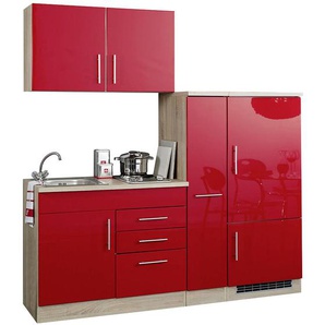 Single-Küche in Rot Hochglanz Breite 190 cm TERAMO-03 inkl. Kühlschrank, Kochmulde & Spüle