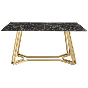 Design Esstisch mit Glasplatte schwarz marmoriert Metall Bügelgestell Goldfarben