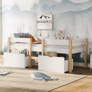 Kinderbett Bettgestell (90 x 190 cm Holzbett) Etagenbett Einzelbett mit Schublade, Bettrahmen mit Lattenrost Rausfallschutz Weiß