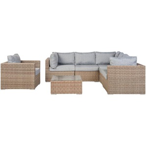 Gartenmöbel Set Hellbraun Rattan Textil Hellgrau inkl. Kissen 6-Sitzer Linksseitig Terrasse Outdoor Modern