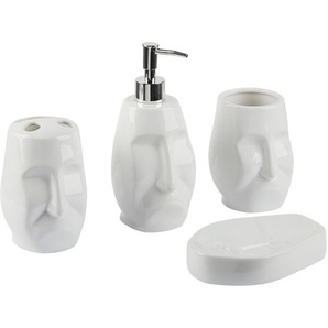 Badezimmer Set Weiß 4-teilig aus Naturstein Dolomit Gesichtsmotiv Kopf Zahnputzbecher Seifenschale Seifenspender Zahnbürstenhalter Badzubehör