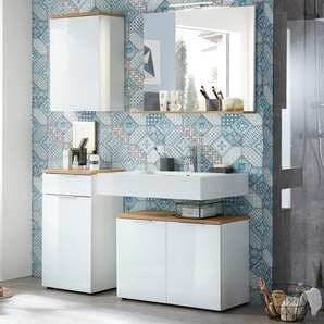 Badezimmermöbel Set mit weißer Glasfront LUBLIN-01 LED-Spiegel, Absetzung Navarra Eiche
