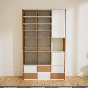 Aktenregal Weiß - Büroregal: Schubladen in Eiche & Türen in Kristallglas klar - Hochwertige Materialien - 118 x 195 x 34 cm, konfigurierbar