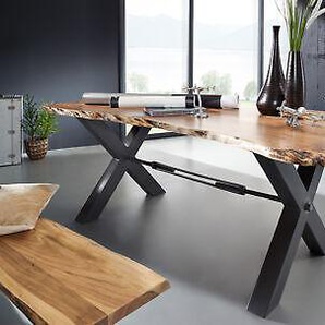Baumtisch Esstisch Massivholz Tisch Baumkantentisch X-beine schwarz 220x100cm