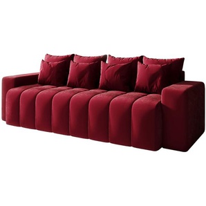 Sofa BATILO  Couch in Bordeauxrot mit Schlaffunktion Bettkasten und 8 abnehmbaren Rückenkissen 240 cm
