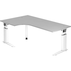 bümö® Eckschreibtisch U-Serie höhenverstellbar, Tischplatte 200 x 120 cm in grau, Gestell in weiß