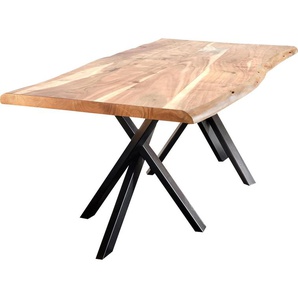 Esstisch SIT Tables Tische Gr. B: 240 cm, Tischplatte 5,6 cm, beige (natur) Holz-Esstische Rechteckige Esstische rechteckig Tisch mit Baumkante und extravagantem Gestell aus Metall, Vintage