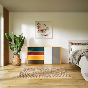 Kommode Weiß - Lowboard: Schubladen in Blaugrün & Türen in Grau - Hochwertige Materialien - 151 x 79 x 34 cm, konfigurierbar