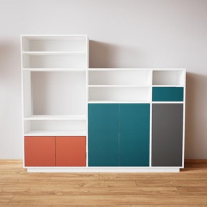 Regalsystem Weiß - Regalsystem: Schubladen in Blaugrün & Türen in Terrakotta - Hochwertige Materialien - 190 x 162 x 34 cm, konfigurierbar