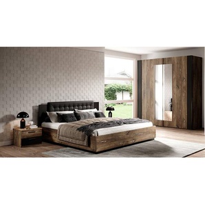 Bett mit Lattenrost, Liegefläche 180 x 200 cm und Kleiderschrank SOLMS-83 in Flagstaf Eiche dunkel Nb. und silber, kombiniert mit schwarz