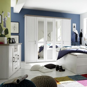 Schlafzimmer Komplett Set 5-tlg. Bett 180 Kleiderschrank Kommoden Pinie Weiß