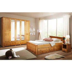 Landhaus Schlafzimmer aus Kiefer Massivholz Stauraumbett (vierteilig)