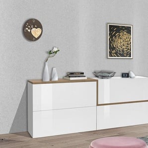 Dmora Modernes Sideboard mit 4 Türen, Made in Italy, Küchen-Sideboard, Wohnzimmer-Design-Buffet, 210x40h80 cm, Glanzweiß und Ahornfarbe